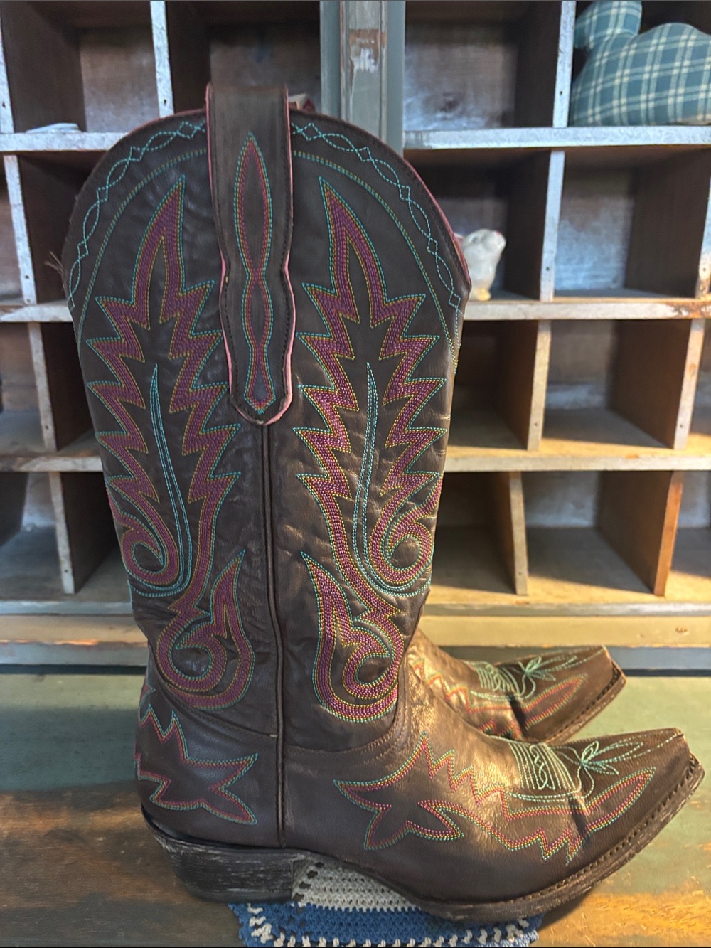 Old Gringo Brown Leather Boots with Pink & Teal Accents